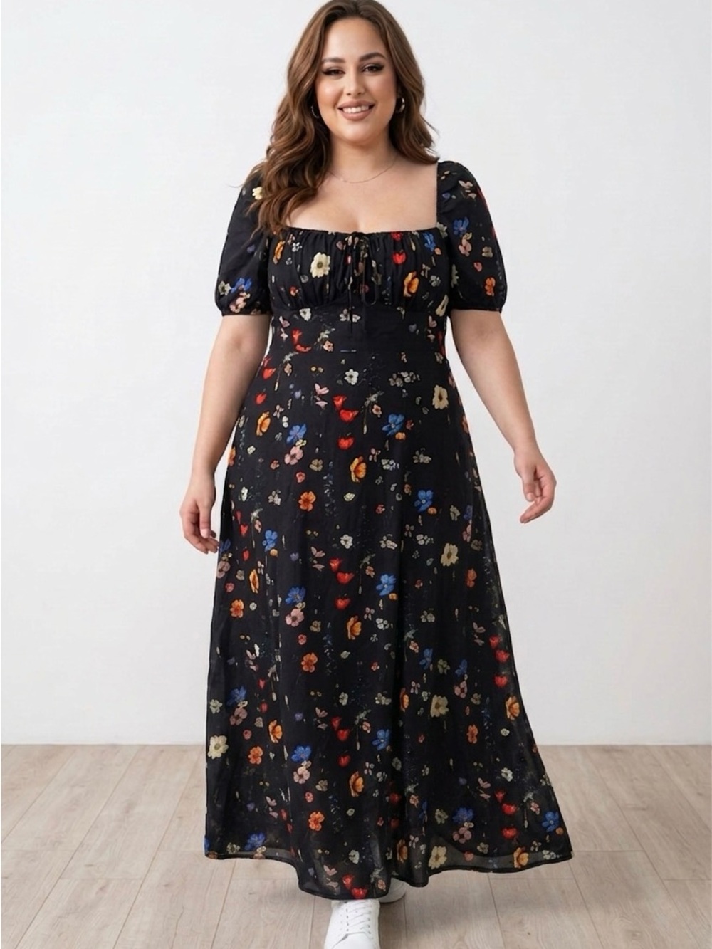 SHEIN Black Floral Square-Neck Midi/Maxi Dress